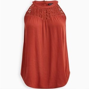 Crinkle Gauze Crochet Detail Halter Tank